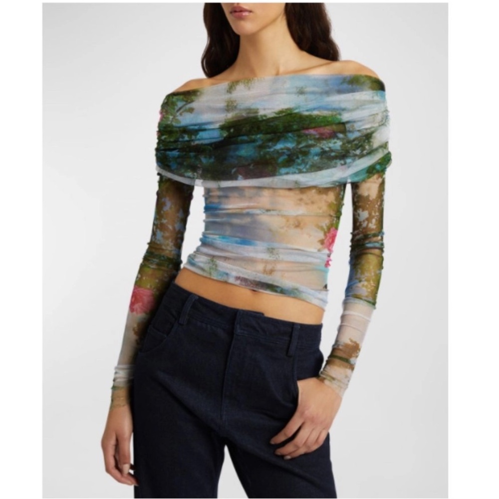 Christopher Esber Blue and Green Floral Mesh Blouse
